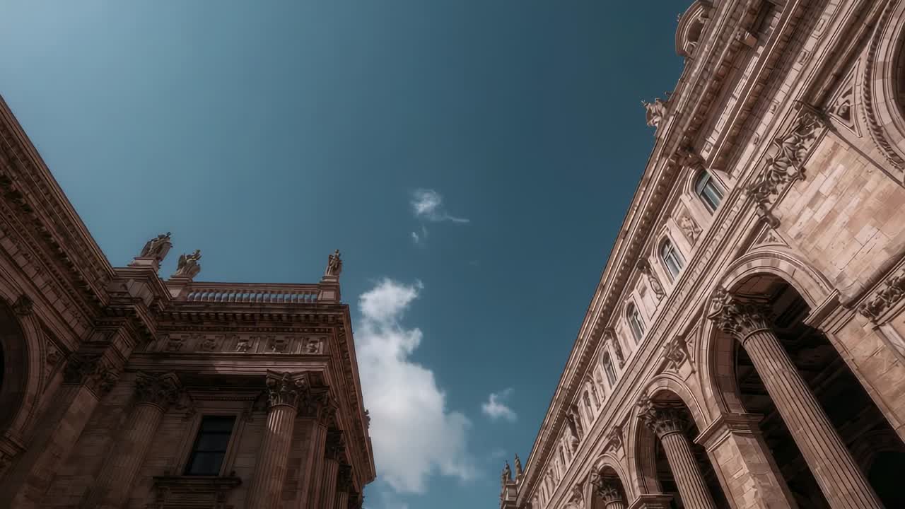 Inclinazione della camera che segue una nuvola alla deriva, rivelando facciate con colonne dalla strada