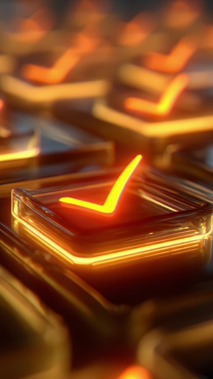 Icone di spunta illuminate su pulsanti trasparenti che mostrano una conferma positiva in un'interfaccia digitale moderna, su uno sfondo sfocato.