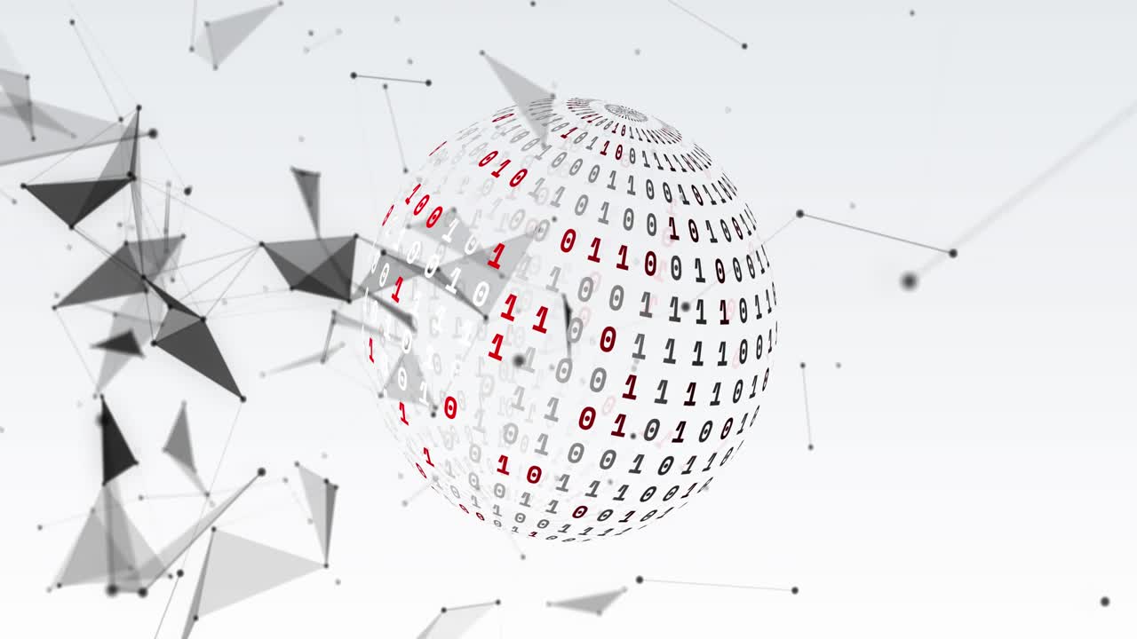 Animation of plexus networks and globe of binary coding spinning against grey background