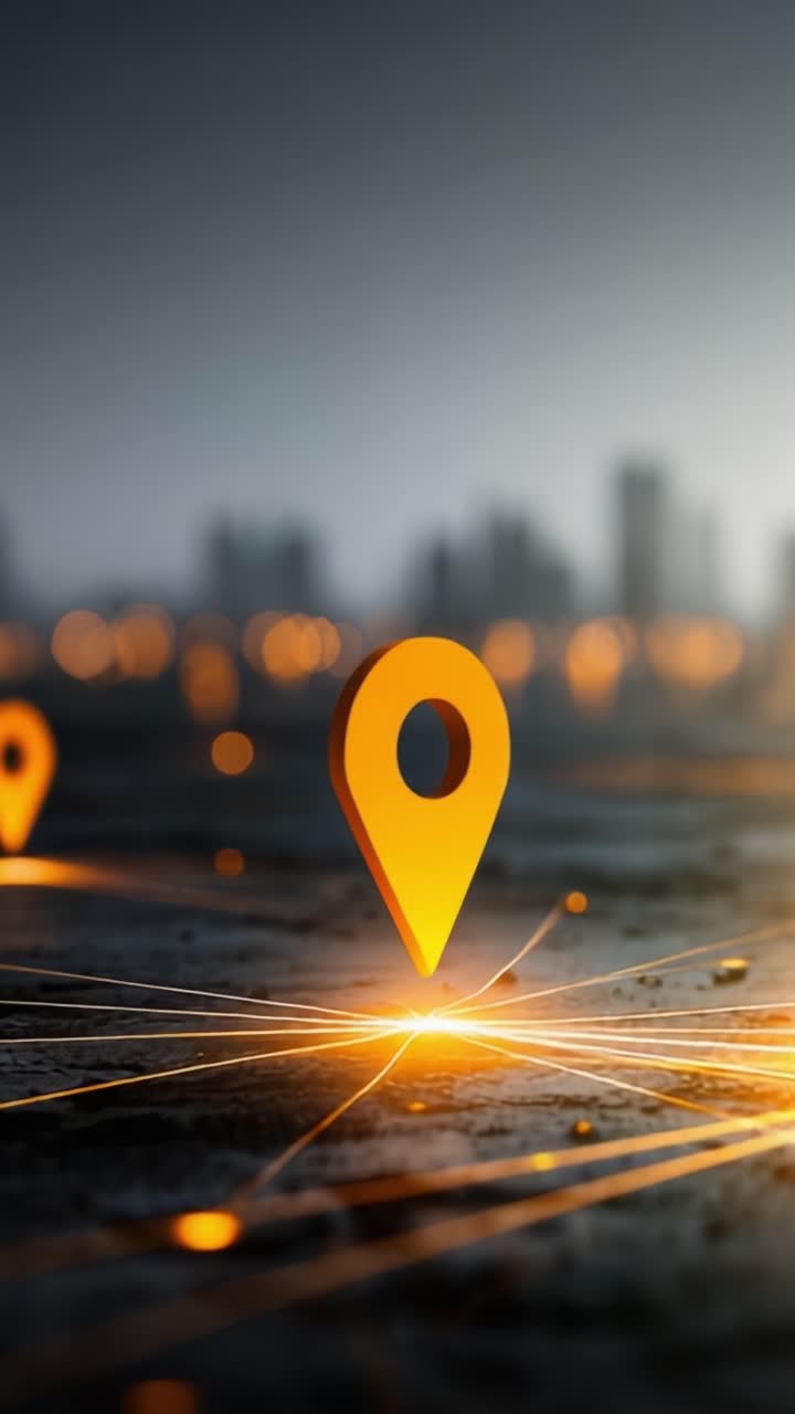 Illuminated Map Markers Highlighting a Futuristic Urban Landscape: A Stunning Visual Representation of Navigation and Connectivity in Modern Design