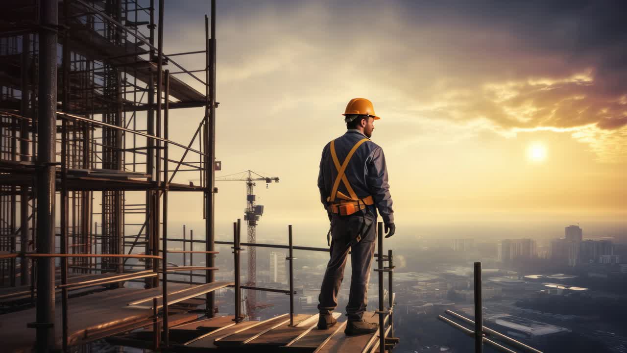 A construction worker in safety gear stands on scaffolding, gazing at a city skyline during sunset
