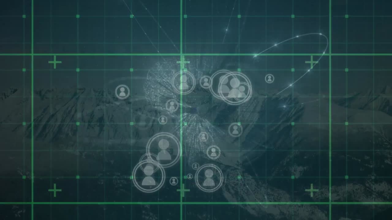 animación de la red de conexiones con iconos sobre el paisaje