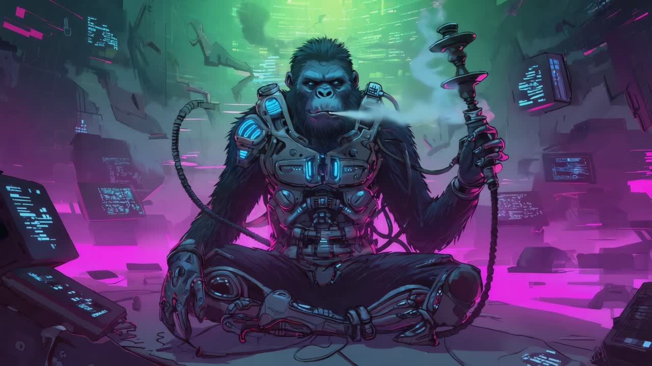 Cybernetic Ape Smoking in a Neon-Lit Sci-Fi Setting