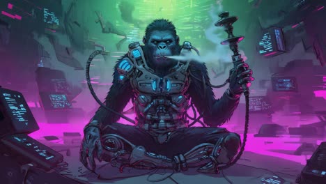 cybernetic ape smoking in a neon-lit sci-fi setting