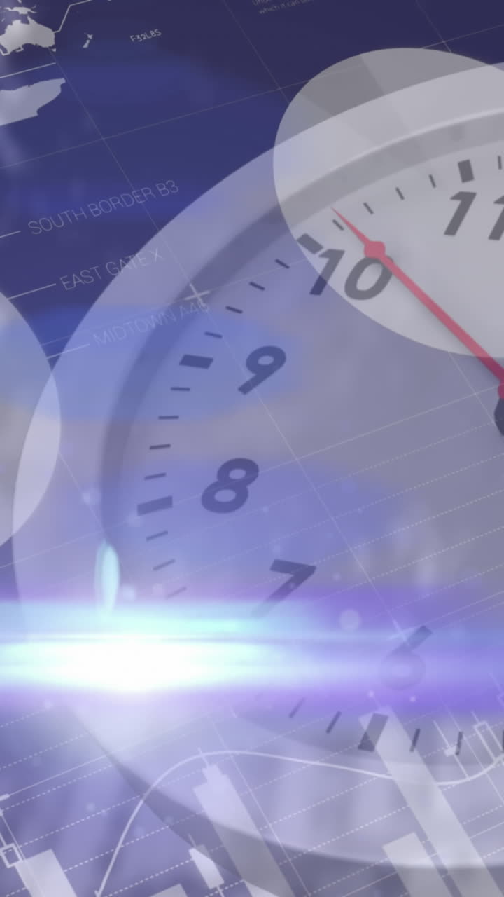 Animation of data processing over clock and cityscape