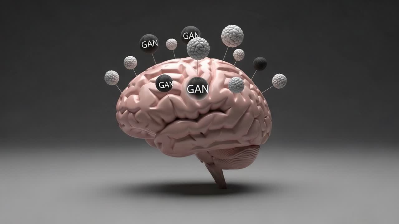 An Artistic Visualization of a Human Brain Surrounded by Abstract Spheres, Representing Concepts Related to Generative Adversarial Networks and Complex Neural Interactions