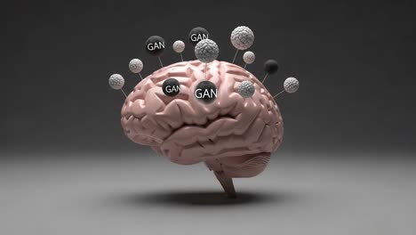 an artistic visualization of a human brain surrounded by abstract spheres, representing concepts related to generative adversarial networks and complex neural interactions