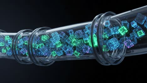 an intricate view of translucent tubes filled with colorful cubes, showcasing the fusion of art and science through mesmerizing patterns and vibrant light effects