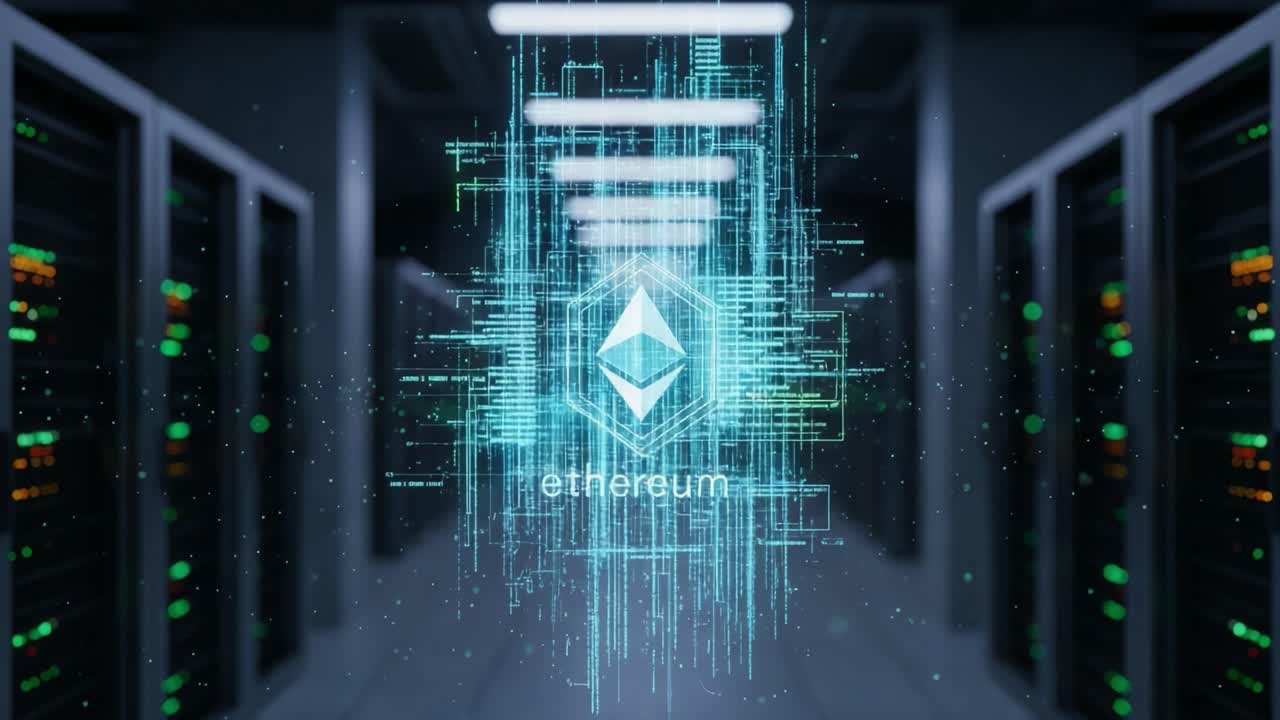 Illuminated Ethereum Logo Embedded in a High-Tech Server Room with Digital Graphics Representing Blockchain Technology and Cryptographic Security