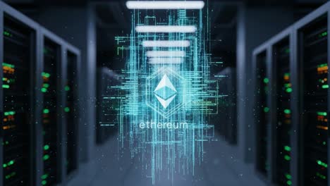 illuminated ethereum logo embedded in a high-tech server room with digital graphics representing blockchain technology and cryptographic security