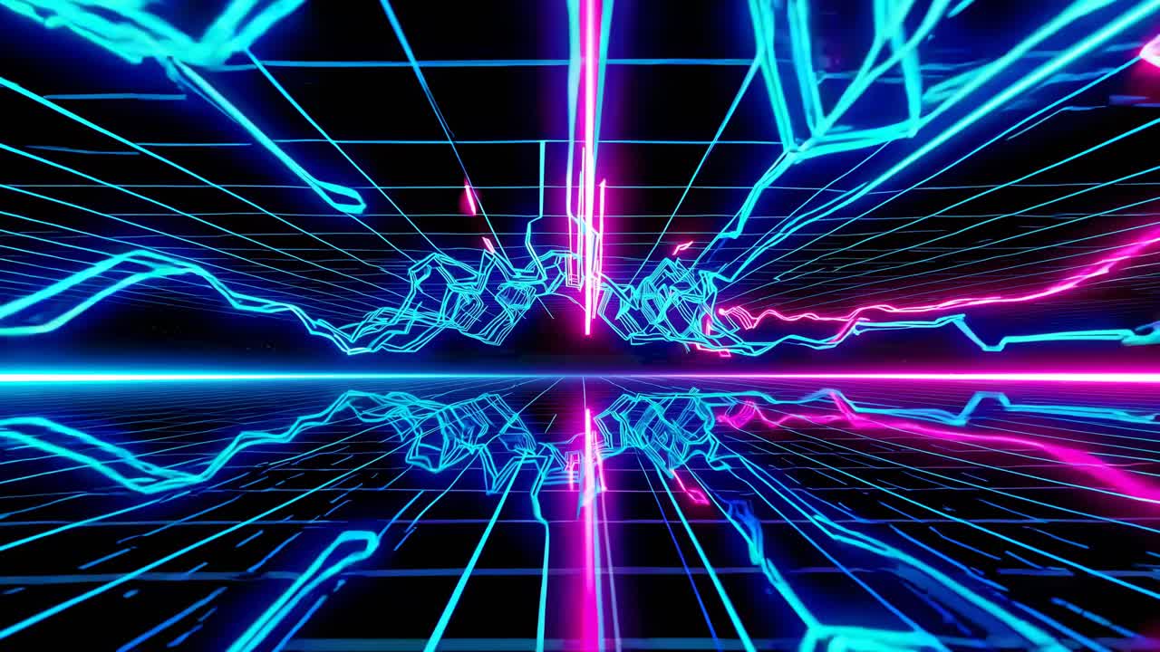 Futuristic video concept with neon blue and pink grid lines, low-angle view, creating a dynamic
