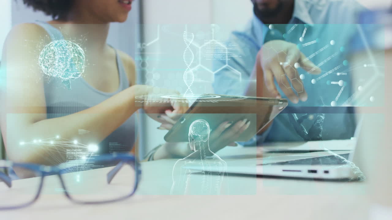 People discussing over tablet with digital brain and DNA animations overlay