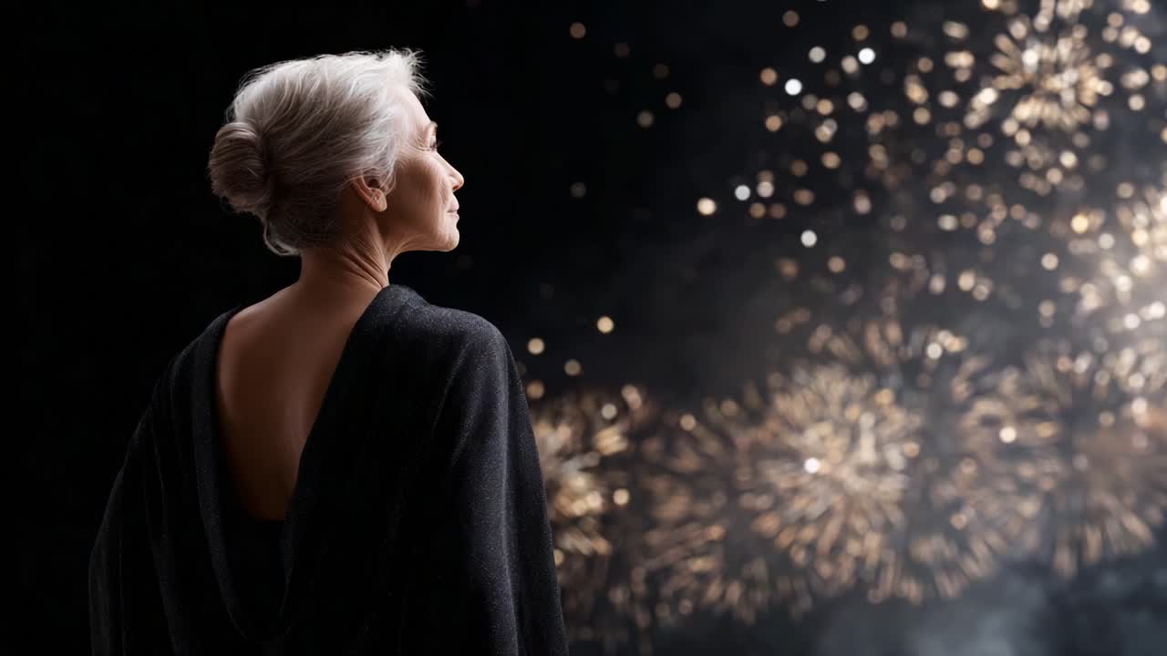 Una donna contemplativa osserva uno spettacolare spettacolo di fuochi d'artificio che illuminano il cielo notturno, catturando l'essenza della celebrazione e della riflessione