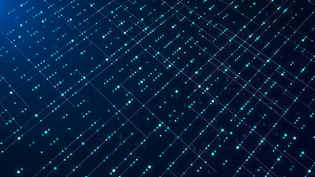 Seamless loop of a blue geometric grid with floating binary code. Ideal for cloud computing, cybersecurity, and global network backgrounds
