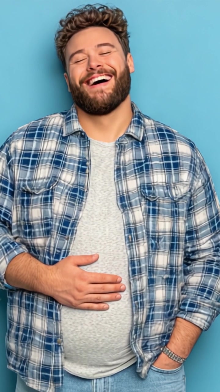 Un hombre alegre con cabello rizado, vistiendo una camisa a cuadros, sonriendo sobre un fondo azul, abrazando los momentos felices de la vida.