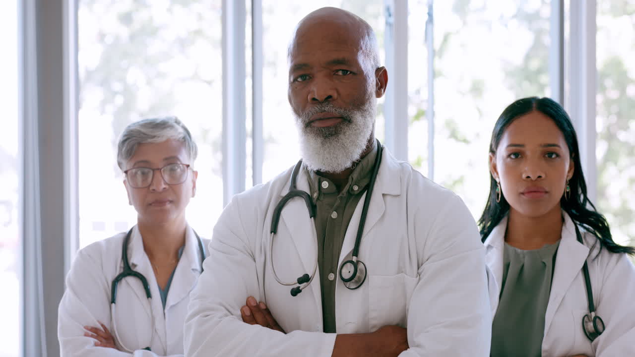 Doctors, group faces or arms crossed in hospital