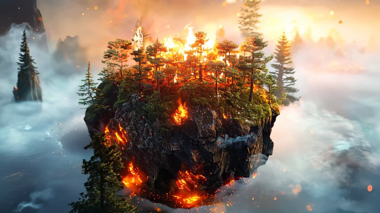 A small planet with a forest on it is surrounded by fire. The fire is so intense that it is almost as if it is engulfing the entire planet. Scene is one of destruction and chaos