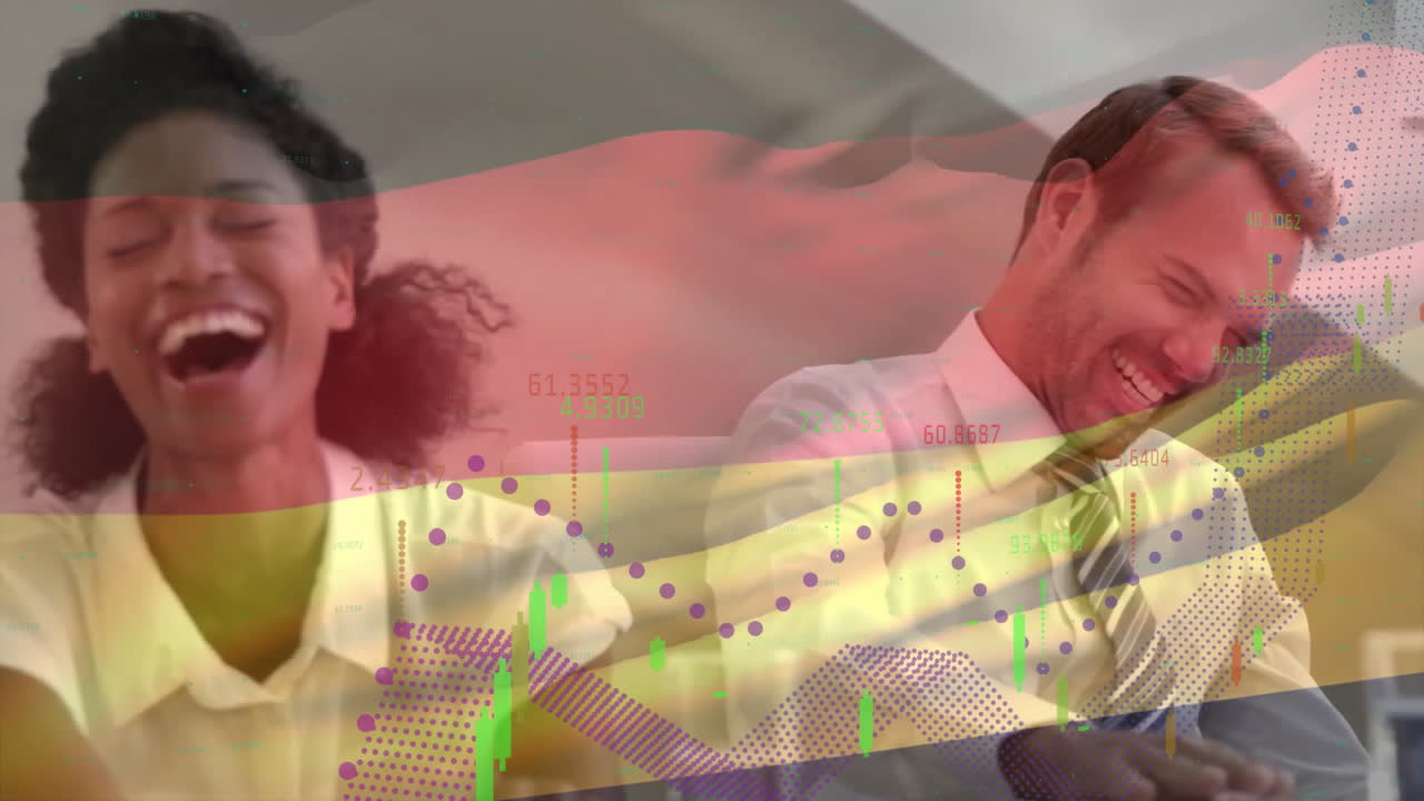 다양한 비즈니스 사람들 및 독일의 발에 대한 금융 데이터 처리의 애니메이션