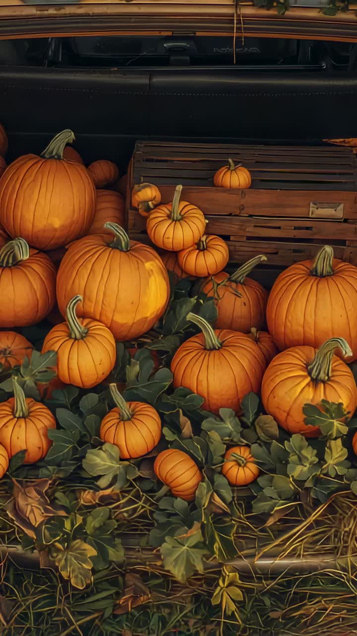 Vertical video: Panning camera, revealing pumpkins on straw and vines in rear cargo, showing crate