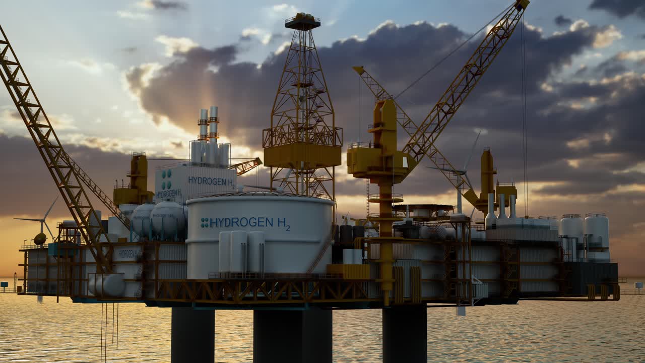 Hydrogen Renewable Offshore Energy Production, Hydrogen Gas For Clean Electricity Solar And Wind Turbine Facility. 3D Rendering