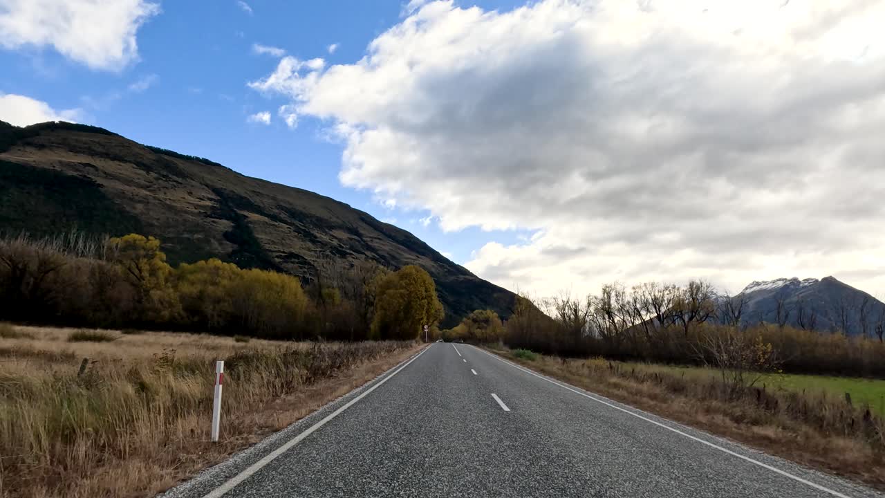 Forward-facing drive through rural New Zealand, passing autumn trees, mountains, and lake under cloudy sky
