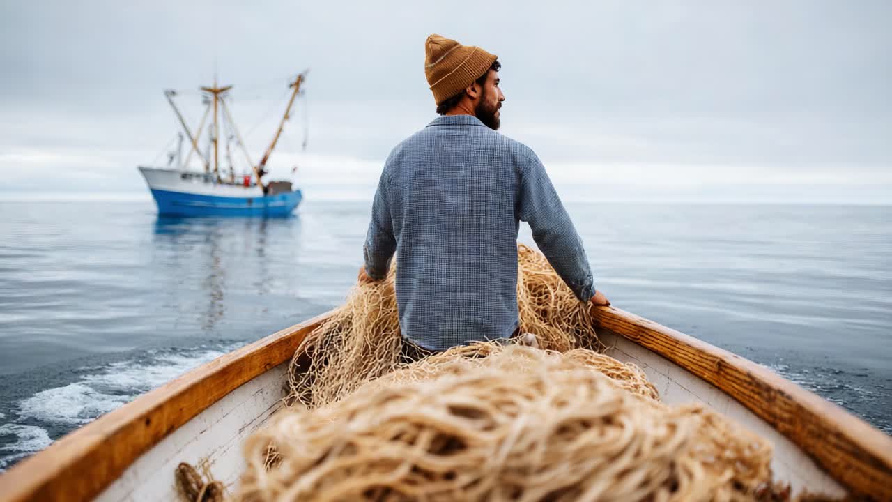 A Fisherman Navigating Calm Waters, Preparing to Unload His Catch of the Day, Surrounded by Nature's Beauty and the Tranquility of the Ocean Environment