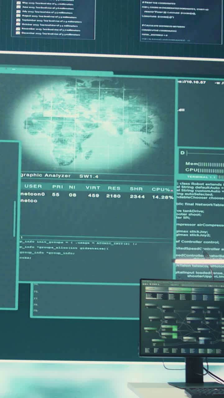 Multiple Computer Screens Displaying Programming Code and Data