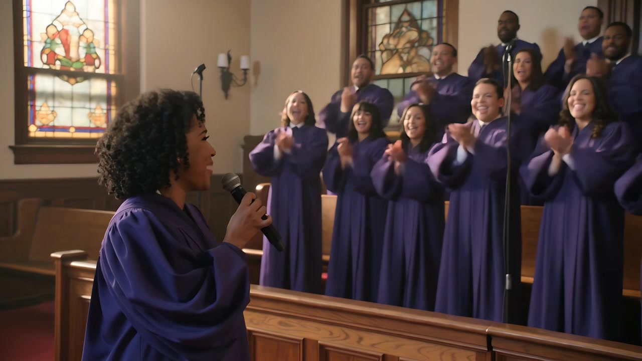 Un solista in abito viola inizia a cantare durante il culto in chiesa, con il coro che applaude e si unisce, tenendo un microfono.