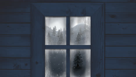 Animation-of-snow-falling-and-christmas-winter-scenery-seen-through-window