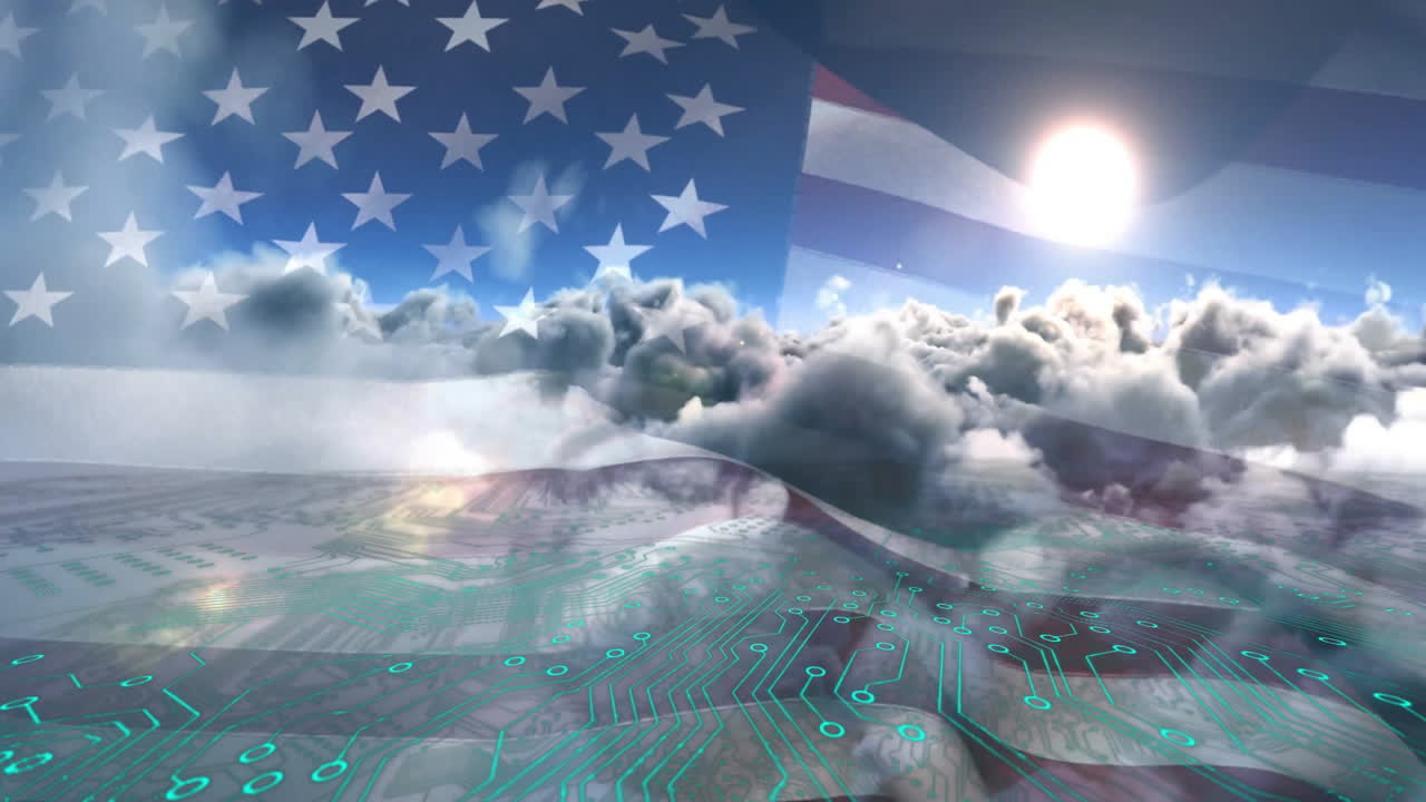 American flag with animation overlaying digital circuit pattern under bright sun
