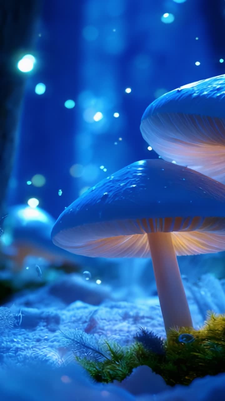 Un viaggio affascinante in un paesaggio magico con funghi bioluminescenti sotto un cielo stellato, circondato da incantevoli tonalità blu e verdi con un'atmosfera mistica