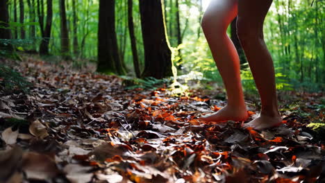 barefoot walking in a forest path