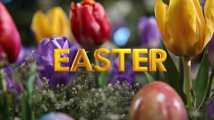 Vibrant tulips bloom behind bold golden letters. Easter eggs rest nestled in soft green moss. Bright colors celebrate spring's joyful arrival. Perfect for festive holiday projects and seasonal designs