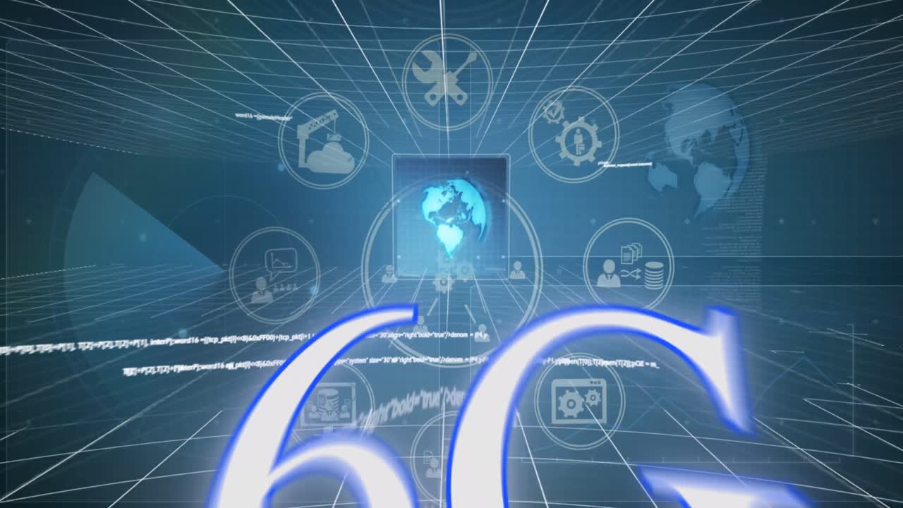 비즈니스 및 데이터 공유 아이콘과 데이터 처리를 가진 6g 텍스트의 애니메이션