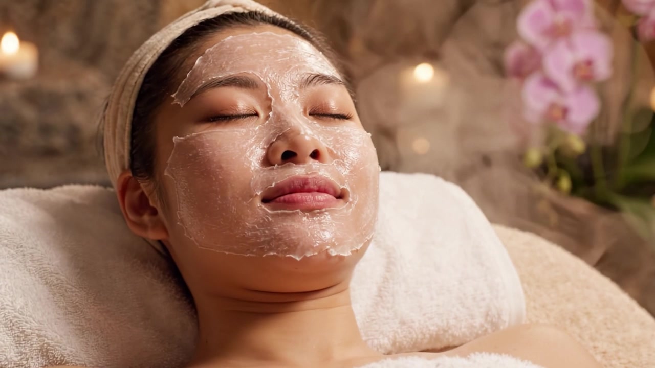 Afslappende spa-behandling: En kvinde nyder en ansigtsmaske omgivet af beroligende stearinlys og levende orkidéer, der fremmer ro og selvpleje i luksuriøse omgivelser.