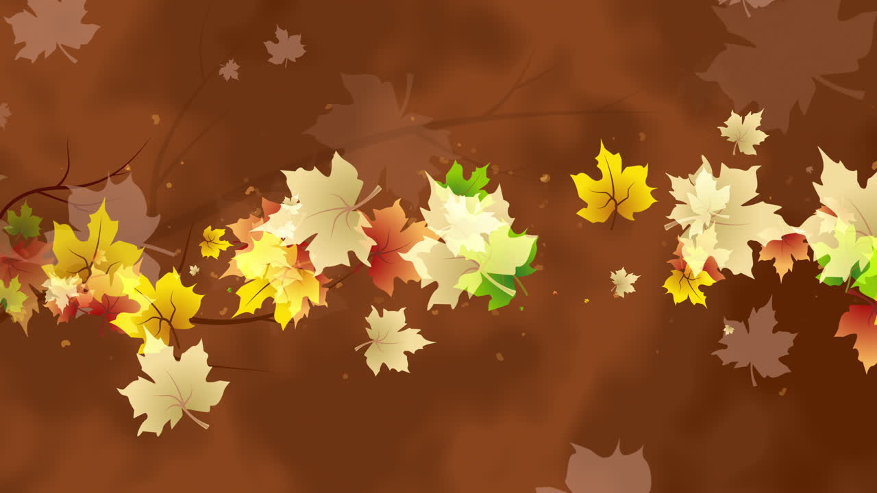 Hand drawn animation of autumn maple leaves on brown abstract background with tree branch. Looped motion graphics.