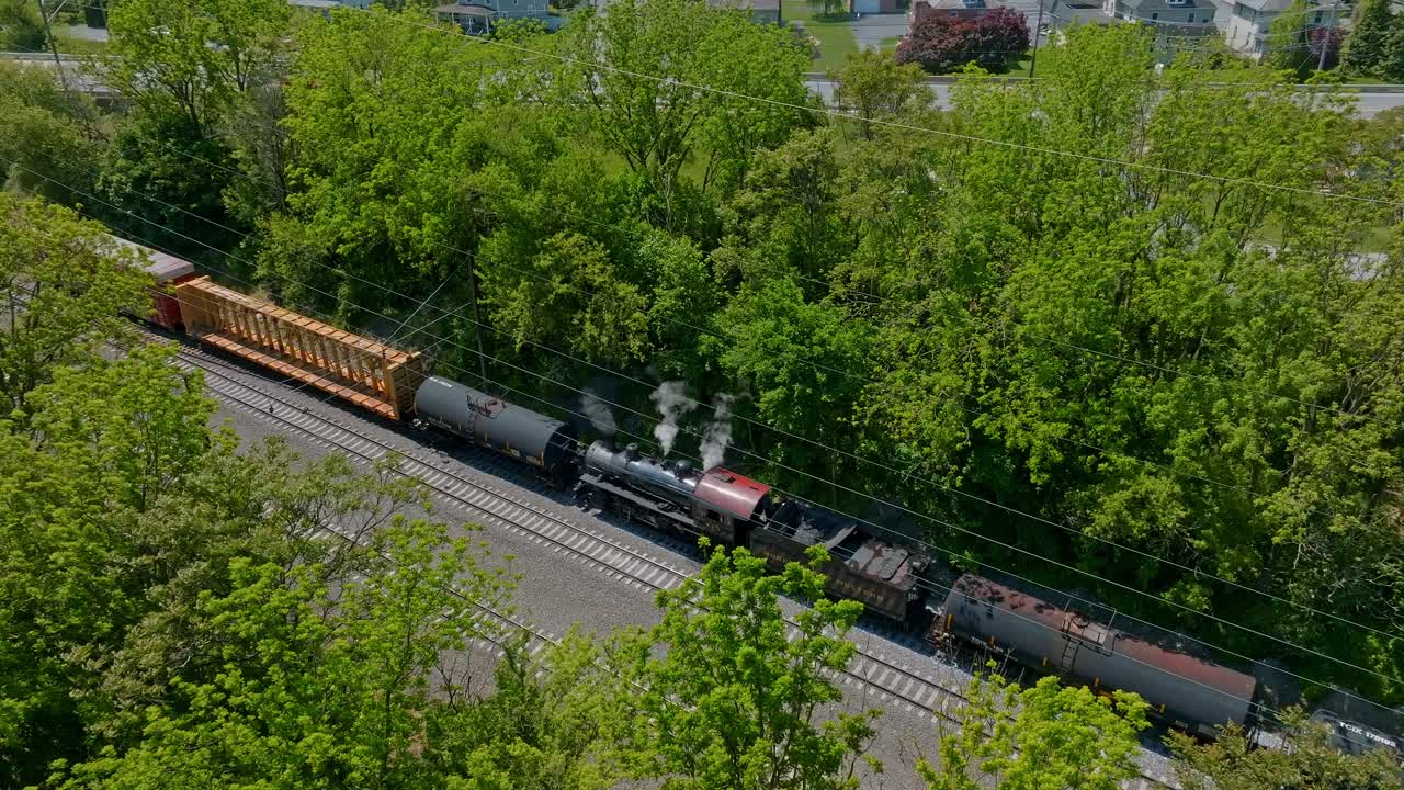A freight steam train glides along the tracks, surrounded by tall trees and homes. The vibrant green landscape adds charm to this picturesque railway journey.