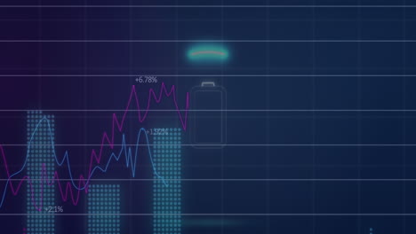 Animation-of-neon-round-shape-over-battery-symbol-against-statistical-data-processing