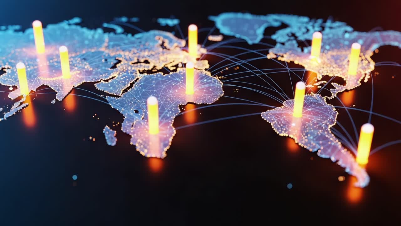 A Dynamic Visualization of Global Connectivity: An Artistic Representation of a World Map Highlighting Network Interactions and Data Flow Between Continents