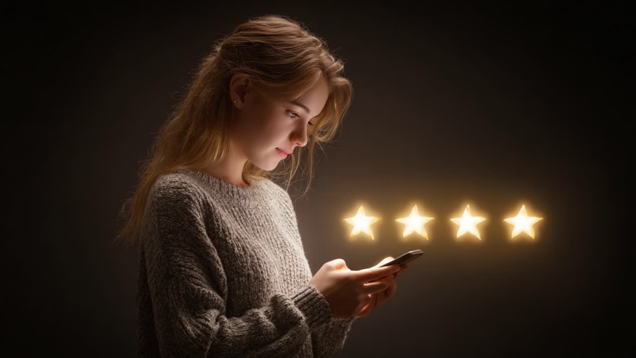 A Young Woman Engaged in a Digital Interaction, Reflecting on Her Experience as Indicated by Four Glowing Stars, Symbolizing High Ratings or Feedback