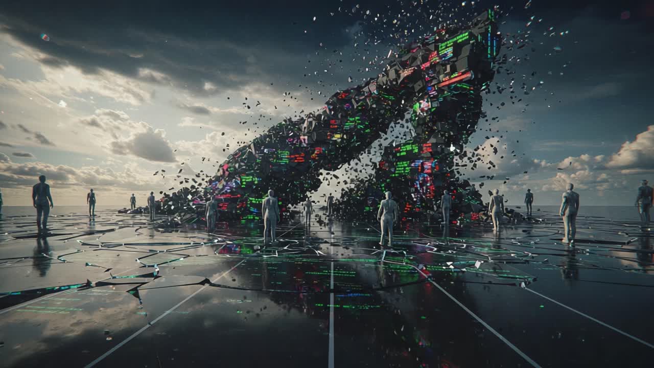 An ethereal scene depicting a fragmented digital sculpture emerging from a reflective surface, surrounded by humanoid figures amidst a futuristic landscape of clouds and light
