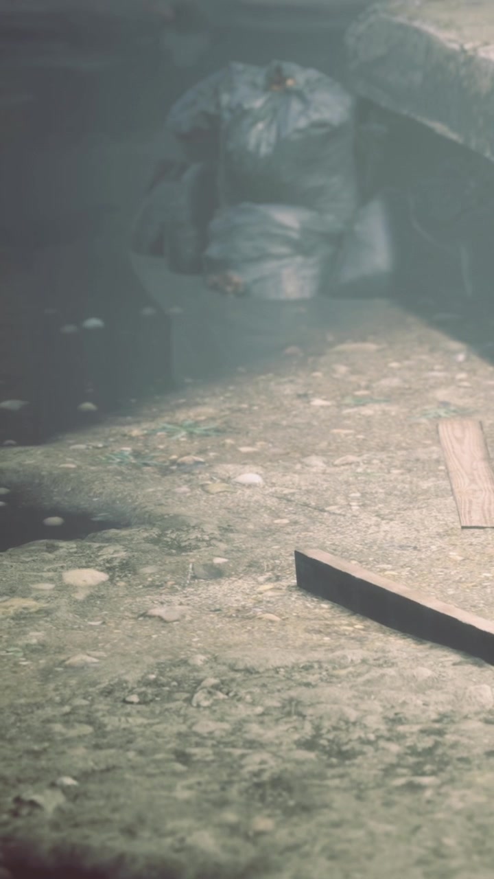 Suelo con objetos en una habitación con poca luz cerca de una estructura antigua