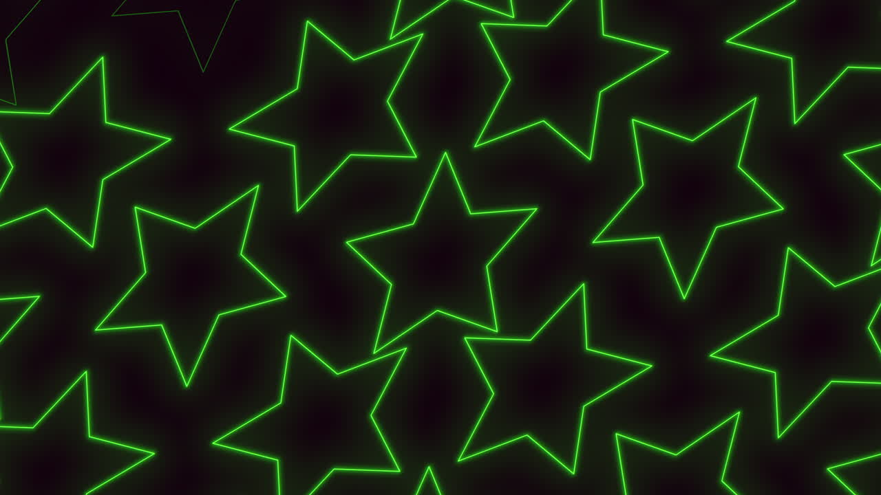 Symmetrical arrangement of glowing green stars in a circular pattern set against a black background, creating a striking visual of floating celestial objects in the dark