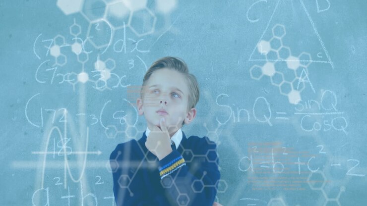 Animation af DNA-strengdiagrammer og databehandling over kaukasisk skoledreng ved tavle