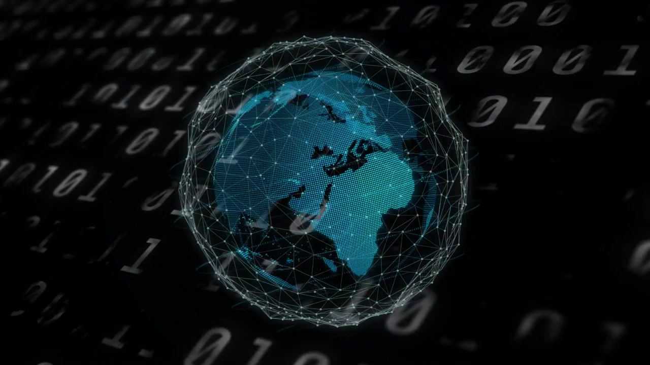 On start globe rotating clockwise as mesh pulsing, nodes flashing, bits drifting showing network