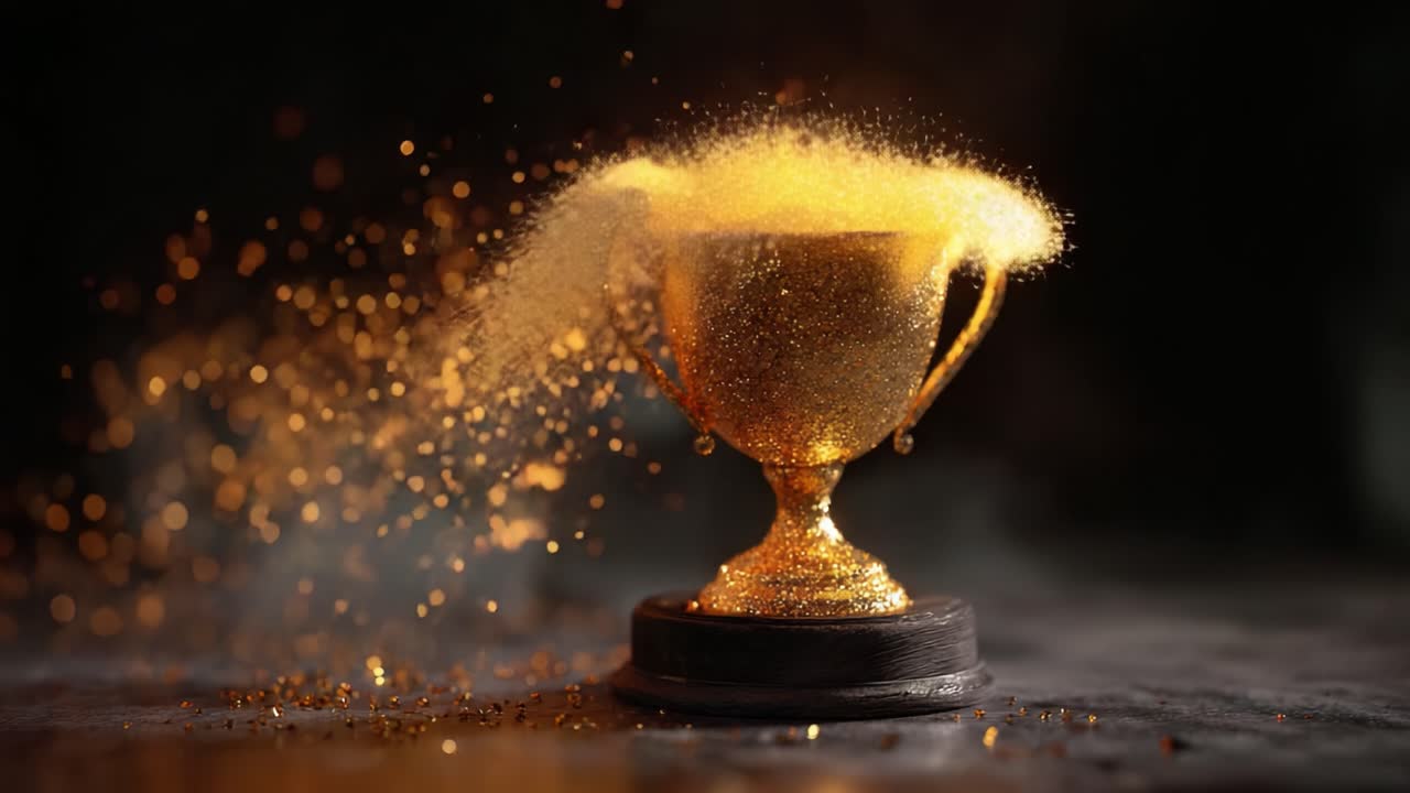 An Exquisite Golden Trophy with Enchanting Sparkles and Glittering Dust Celebrating Achievement, Glory, and Victory in a Majestic Display of Success