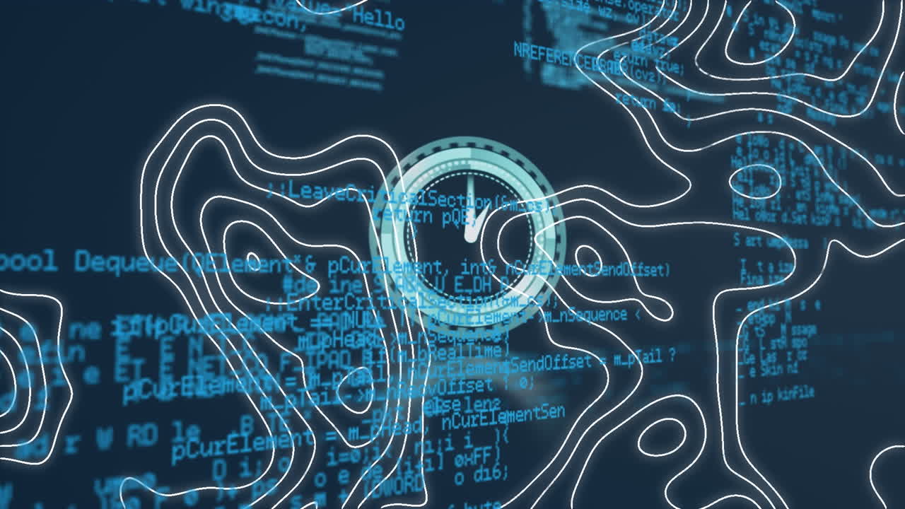 콘투르 라인과 데이터 처리 인터페이스에 시계 표시를 가진 원형 스캐너의 애니메이션