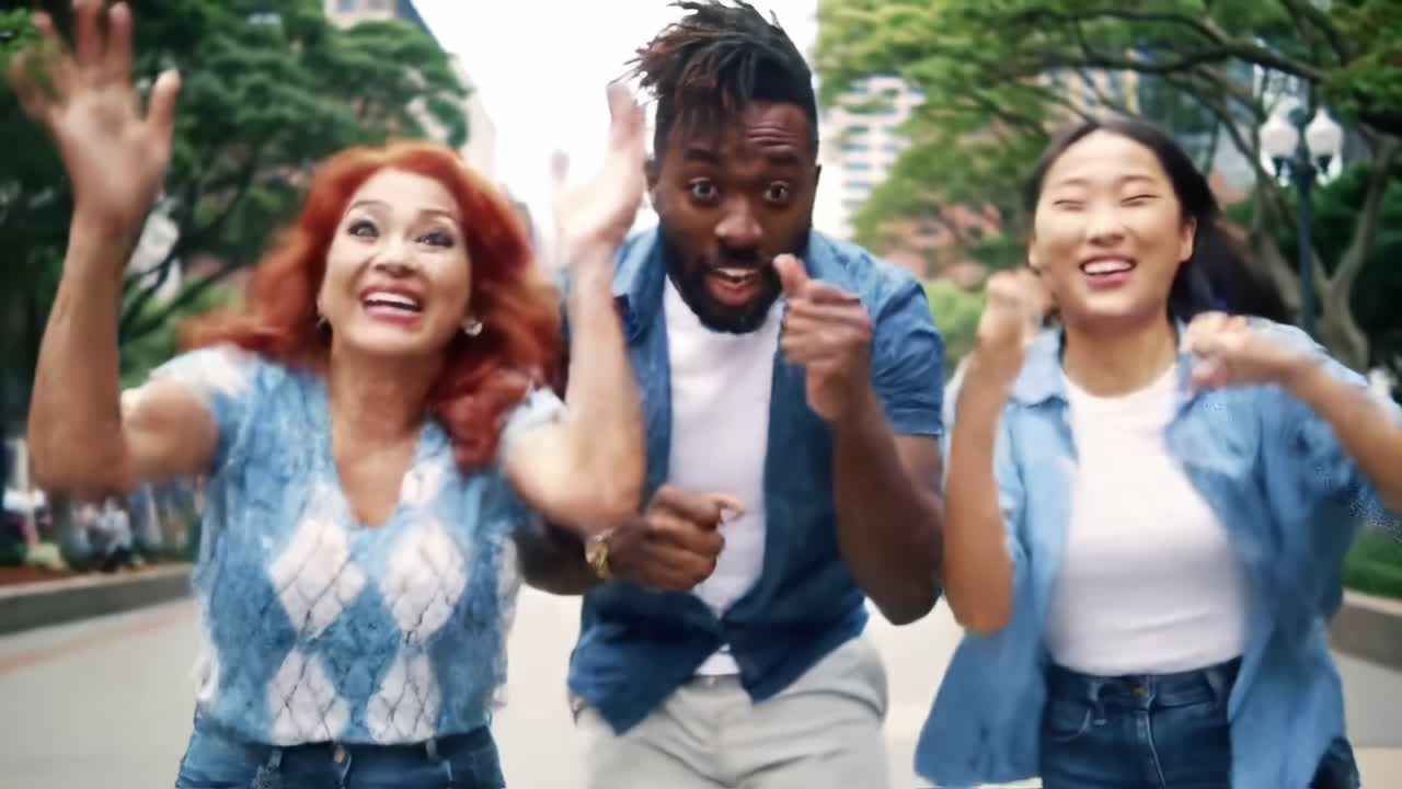 A Joyful Trio Celebrates Togetherness and Friendship in an Outdoor Setting, Expressing Excitement and Happiness Through Laughter and Fun Gestures