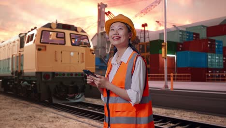 side view of asian female engineer with safety helmet using smartphone and looking around with freight cargo train at port