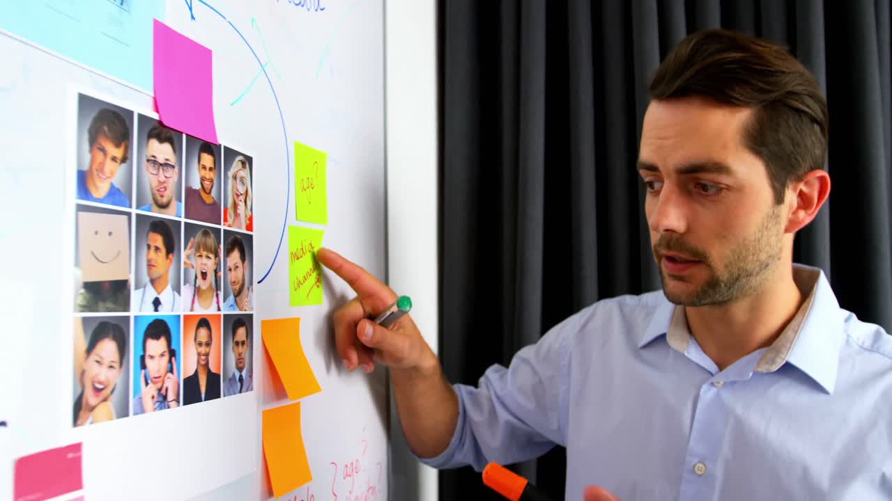 ejecutivos de negocios discutiendo sobre notas adhesivas